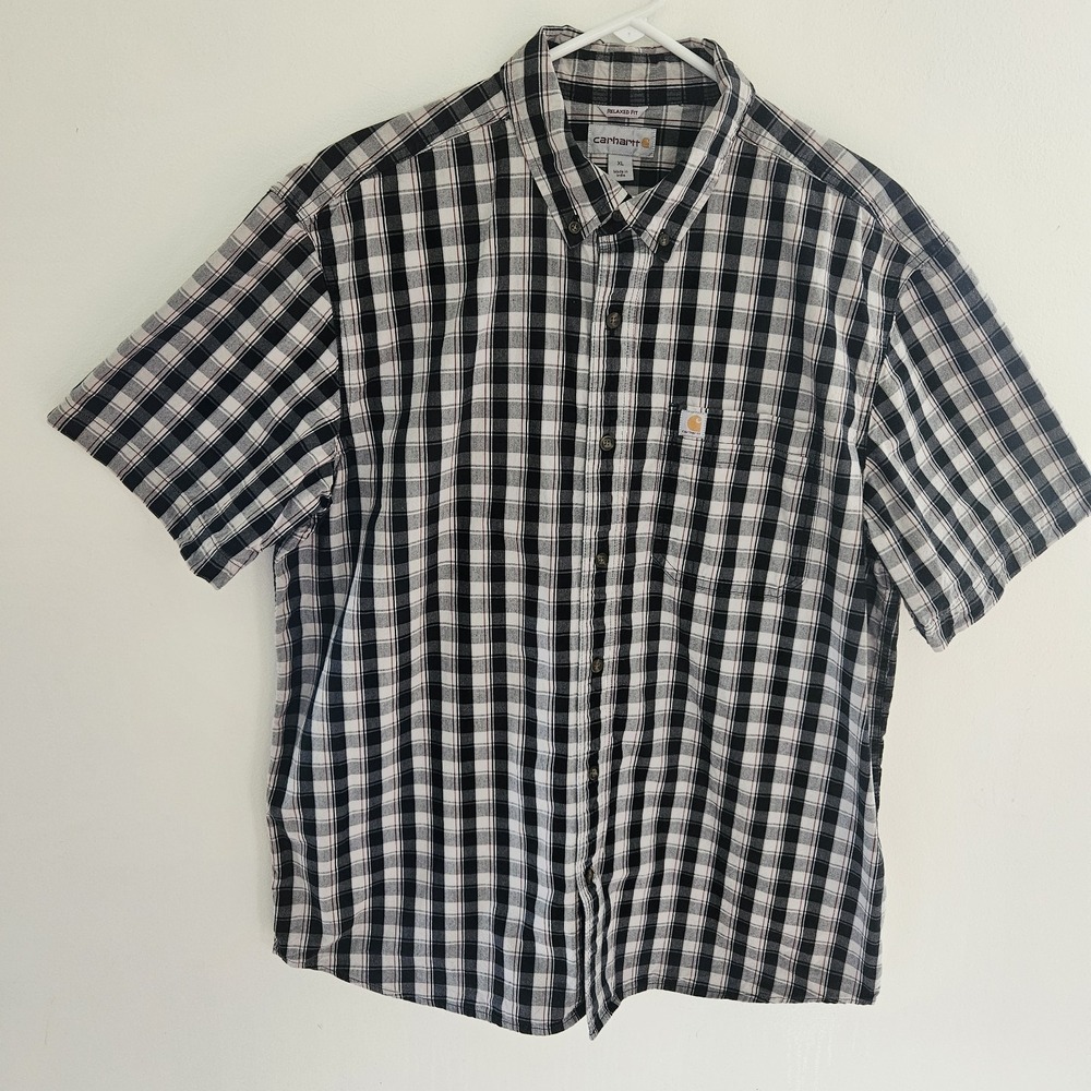Carhartt Relaxed Fit Cotton Plaid Button Down Mens Dress Shirt XL White Black